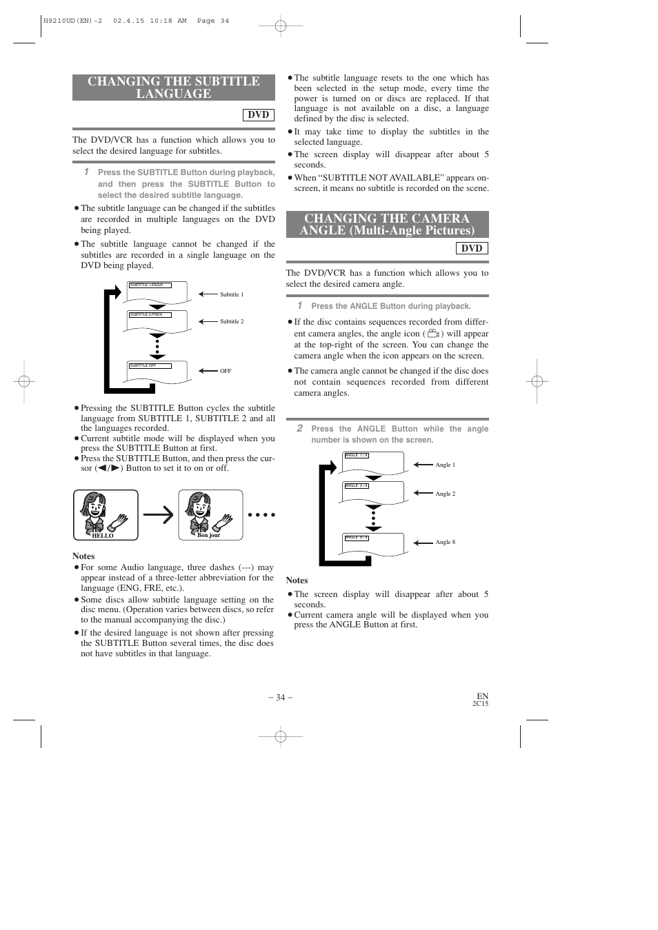 Changing the camera angle (multi-angle pictures), Changing the subtitle language | Hitachi DV-PF2U User Manual | Page 34 / 140