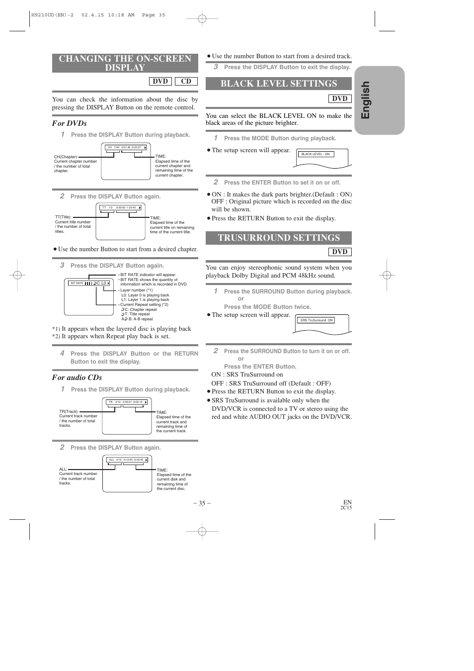 English, Changing the on-screen display, Black level settings | Trusurround settings, For dvds, For audio cds | Hitachi DV-PF2U User Manual | Page 35 / 140