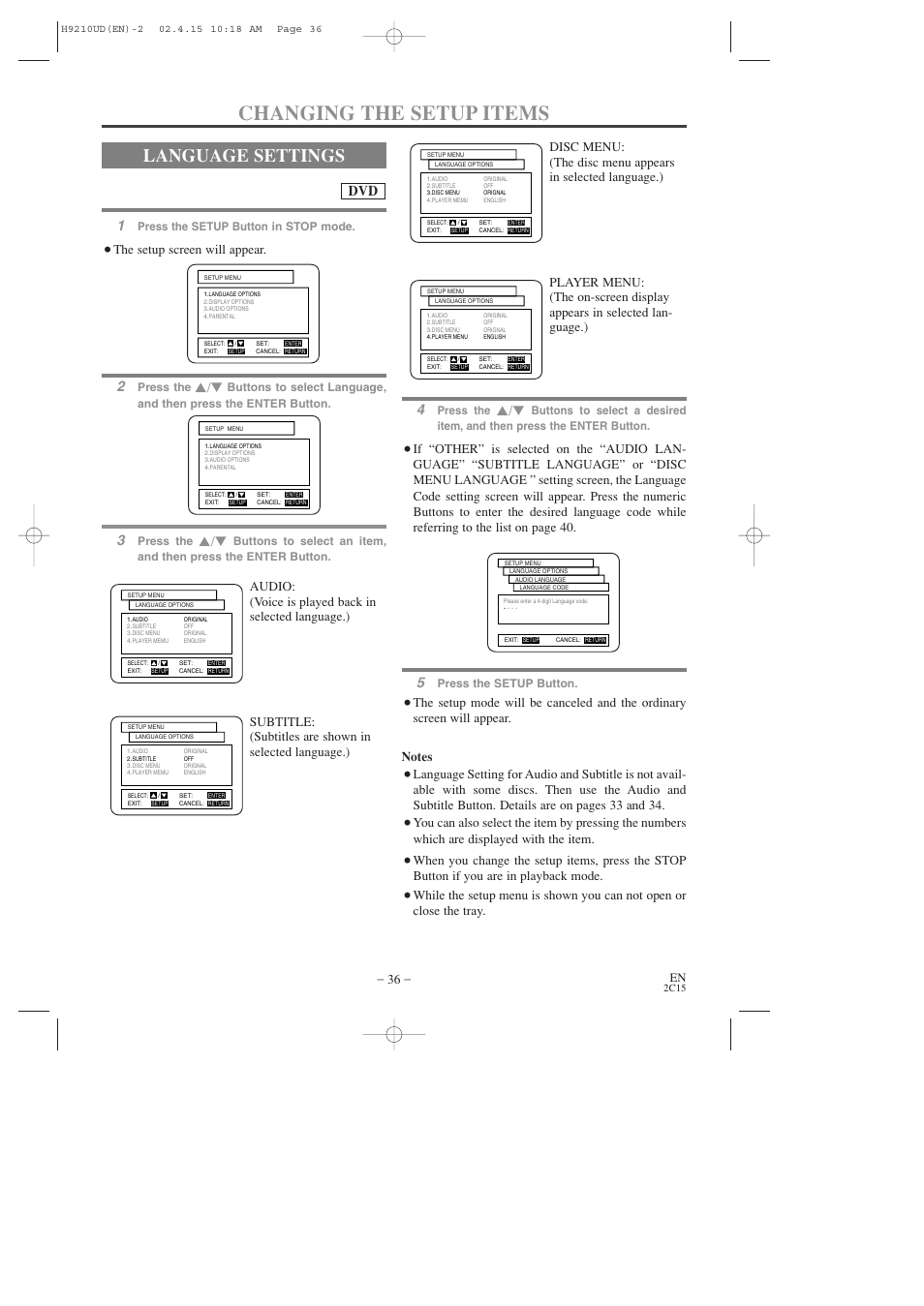 Changing the setup items, Language settings, The setup screen will appear | Press the setup button in stop mode, Press the, Press the setup button | Hitachi DV-PF2U User Manual | Page 36 / 140