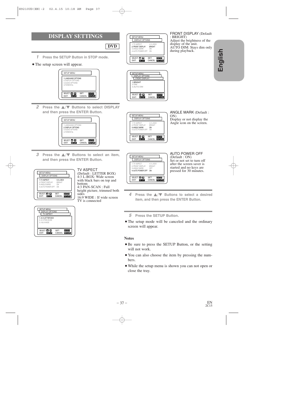 English, Display settings, The setup screen will appear | Press the setup button in stop mode, Press the, Press the setup button | Hitachi DV-PF2U User Manual | Page 37 / 140