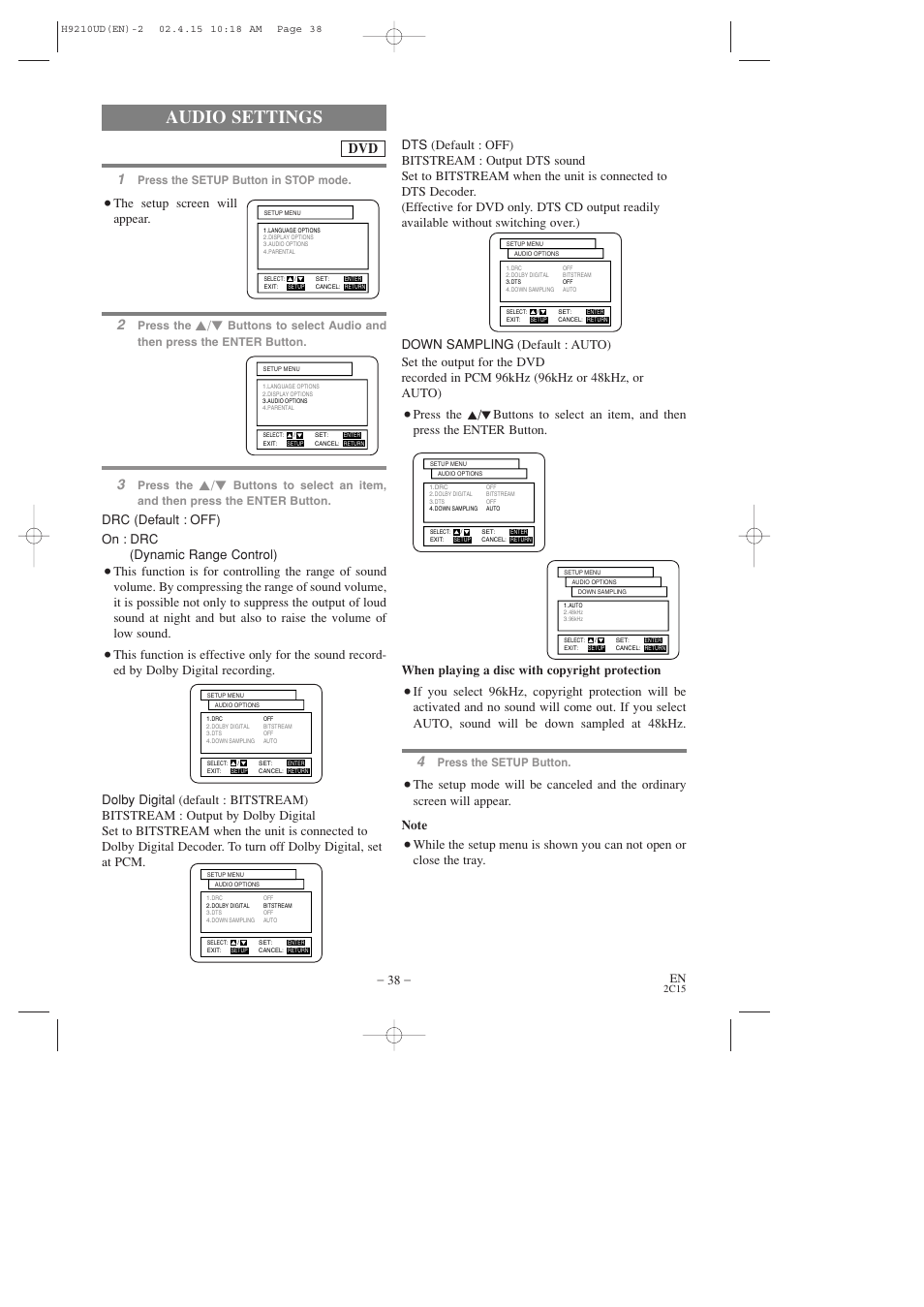 Audio settings, The setup screen will appear, Press the setup button | Press the setup button in stop mode, Press the | Hitachi DV-PF2U User Manual | Page 38 / 140