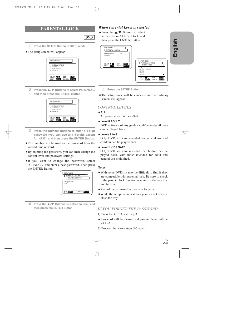 English, Parental lock, When parental level is selected | Control levels, If you forget the password | Hitachi DV-PF2U User Manual | Page 39 / 140