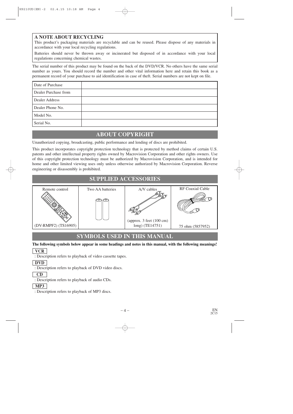 About copyright, Symbols used in this manual, Supplied accessories | Hitachi DV-PF2U User Manual | Page 4 / 140
