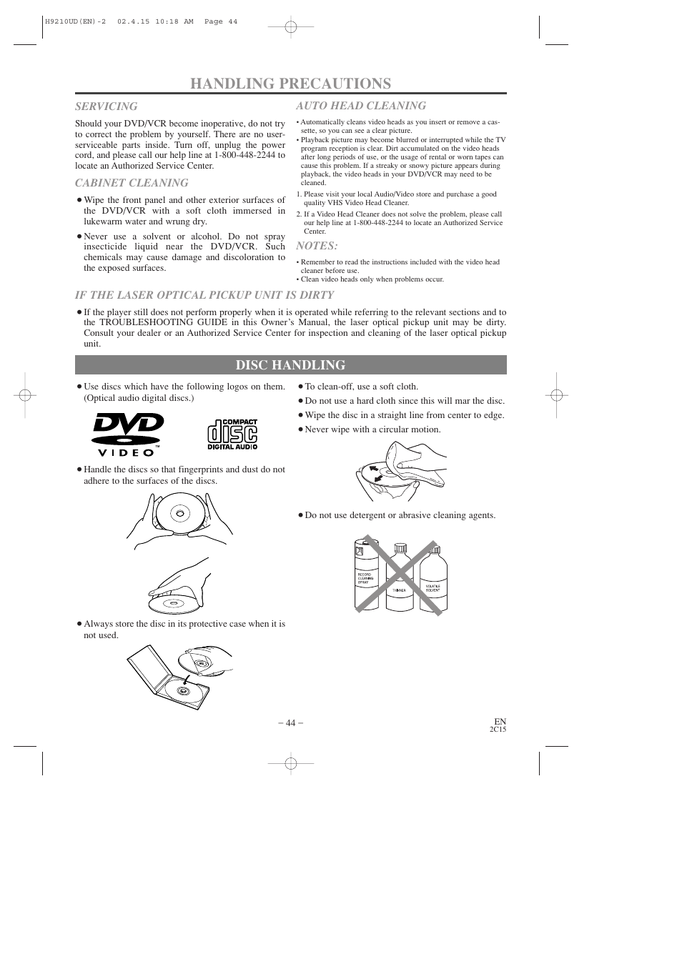 Handling precautions, Disc handling, Servicing | Cabinet cleaning, Auto head cleaning, If the laser optical pickup unit is dirty | Hitachi DV-PF2U User Manual | Page 44 / 140