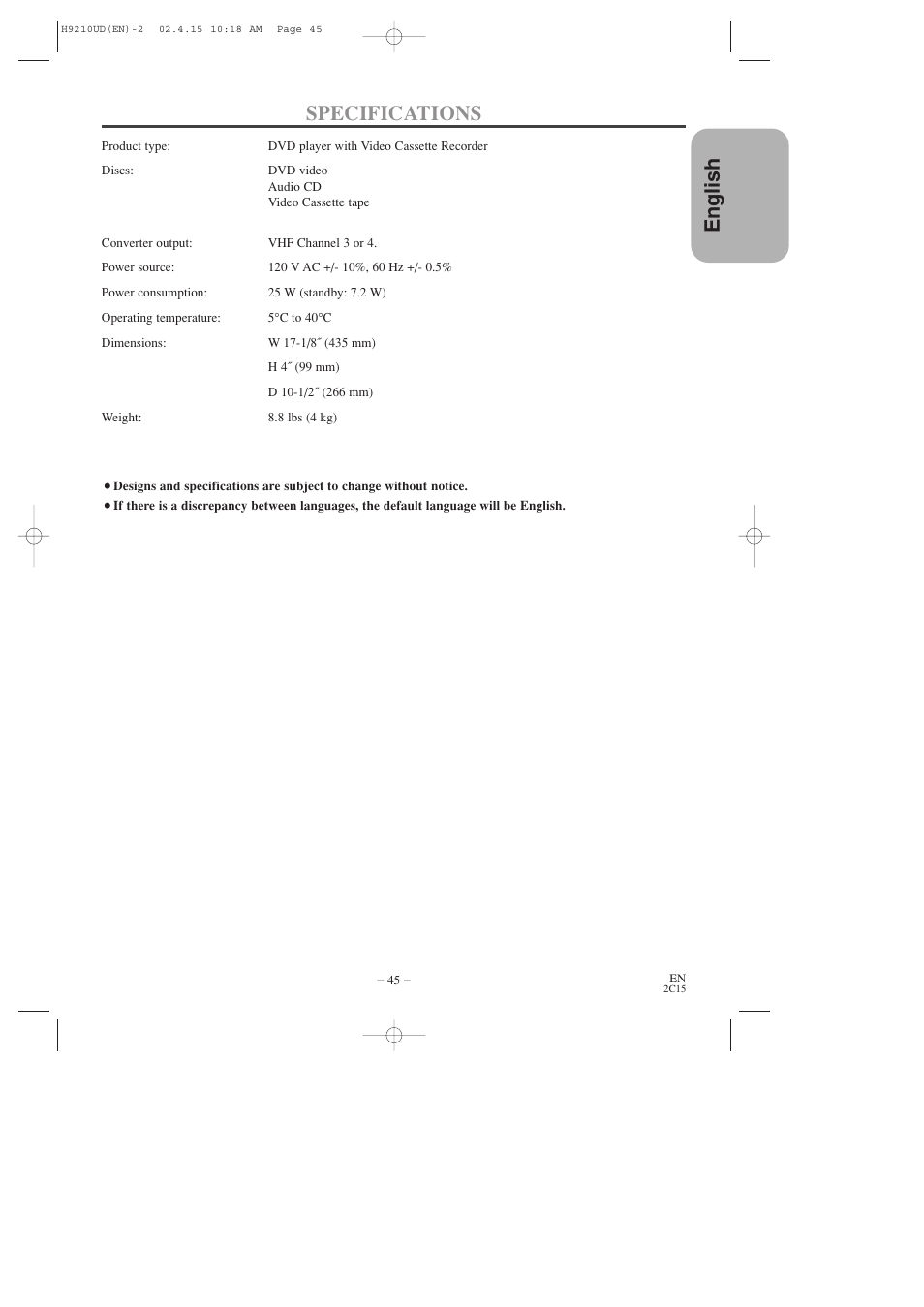 English specifications | Hitachi DV-PF2U User Manual | Page 45 / 140
