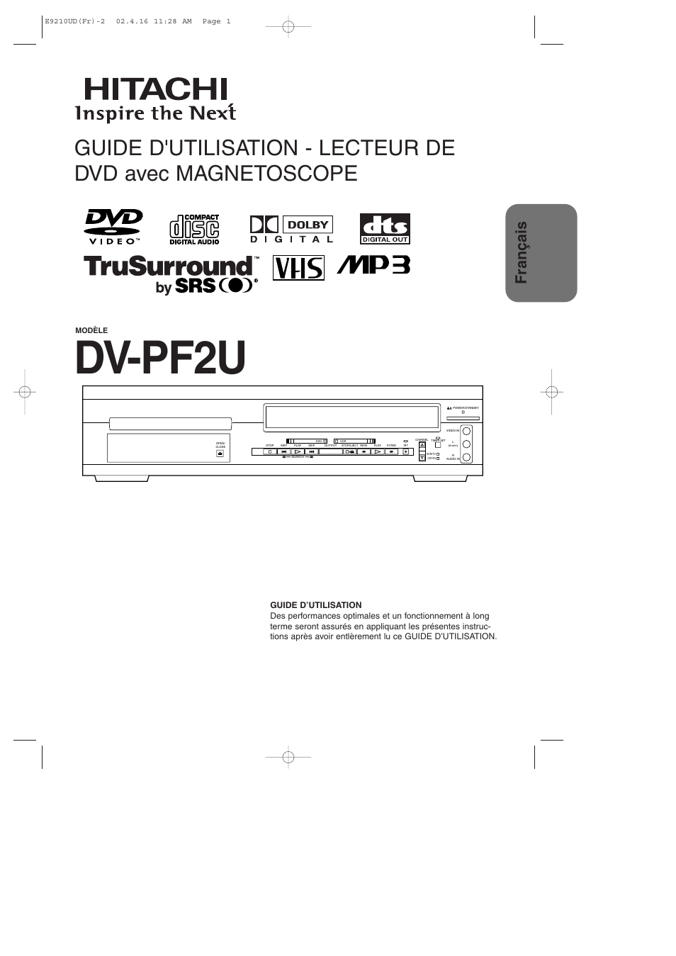 Dv-pf2u, Fran ç ais | Hitachi DV-PF2U User Manual | Page 47 / 140