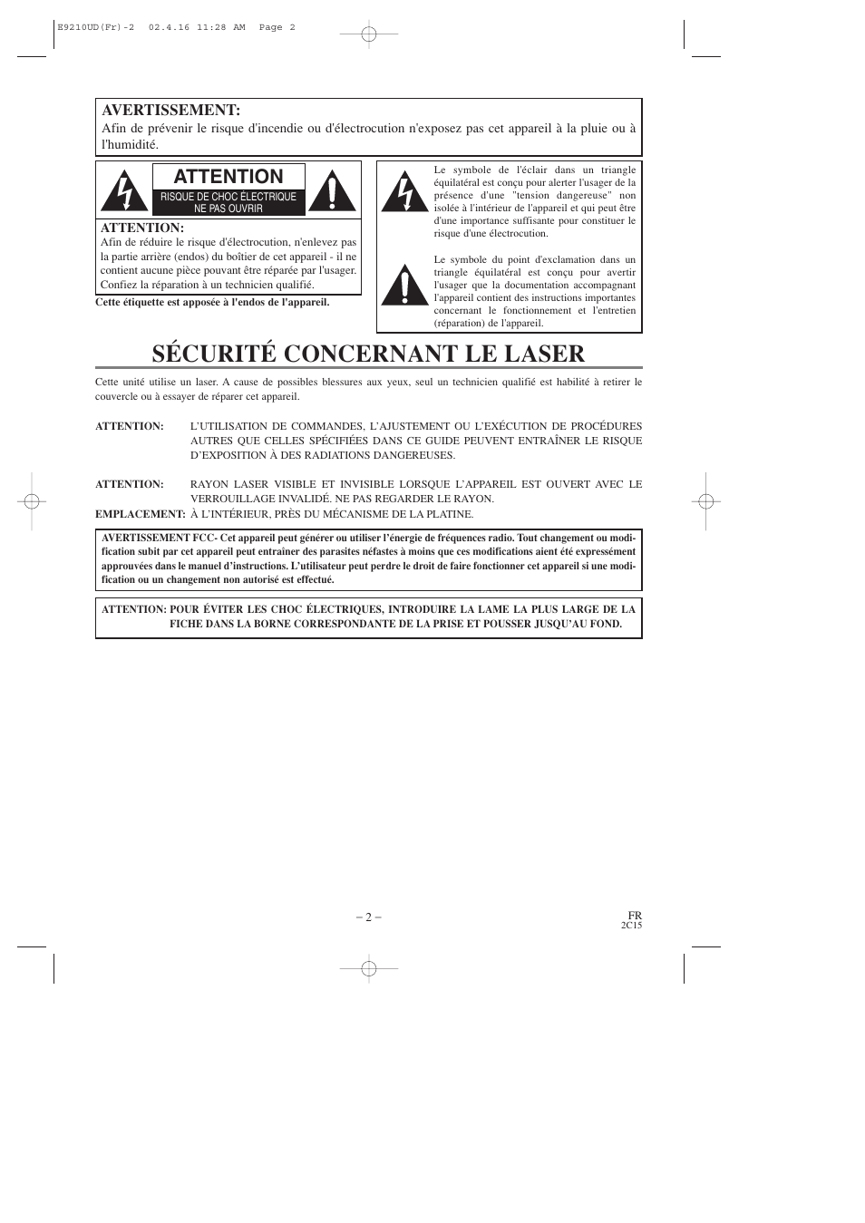 Sécurité concernant le laser, Attention, Avertissement | Hitachi DV-PF2U User Manual | Page 48 / 140