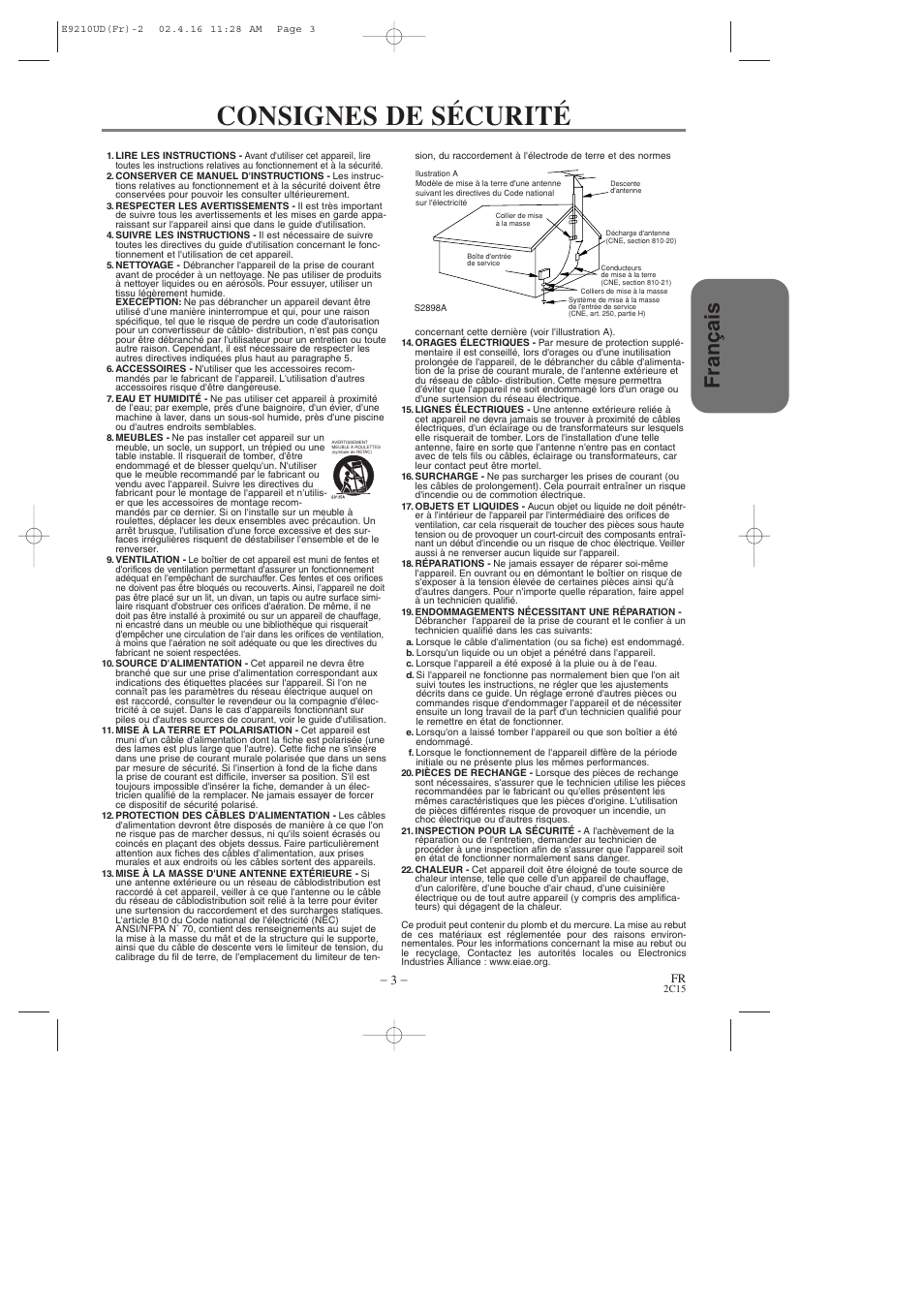 Consignes de sécurité, Fran ç ais | Hitachi DV-PF2U User Manual | Page 49 / 140