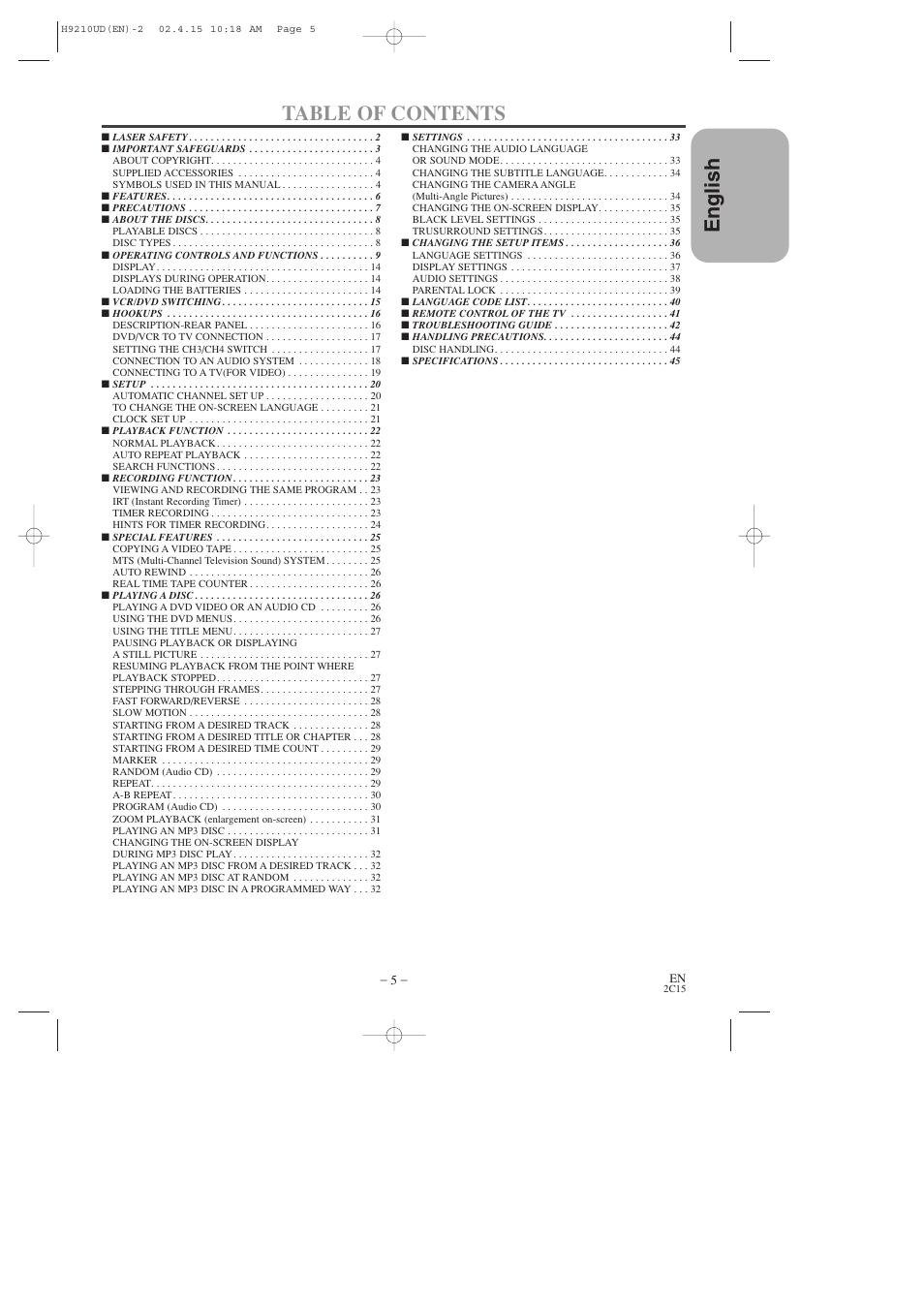 English table of contents | Hitachi DV-PF2U User Manual | Page 5 / 140
