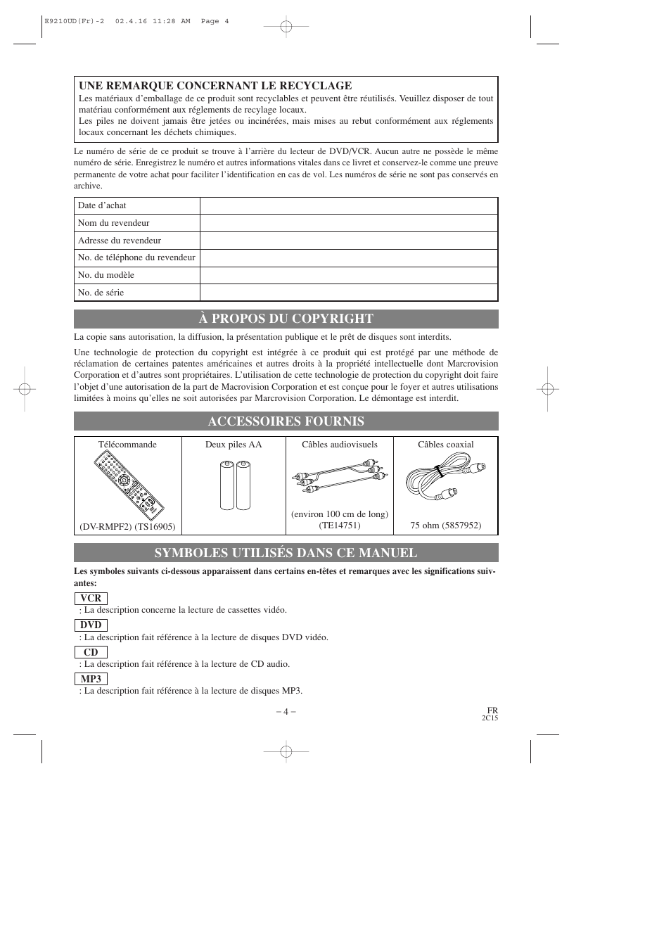 À propos du copyright, Une remarque concernant le recyclage | Hitachi DV-PF2U User Manual | Page 50 / 140