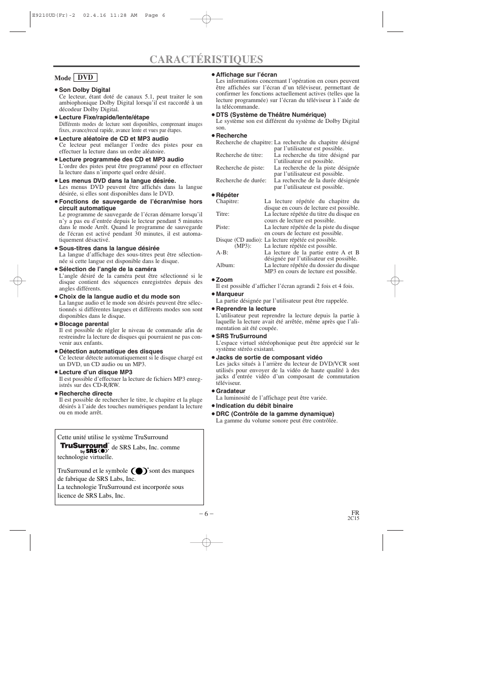 Caractéristiques | Hitachi DV-PF2U User Manual | Page 52 / 140
