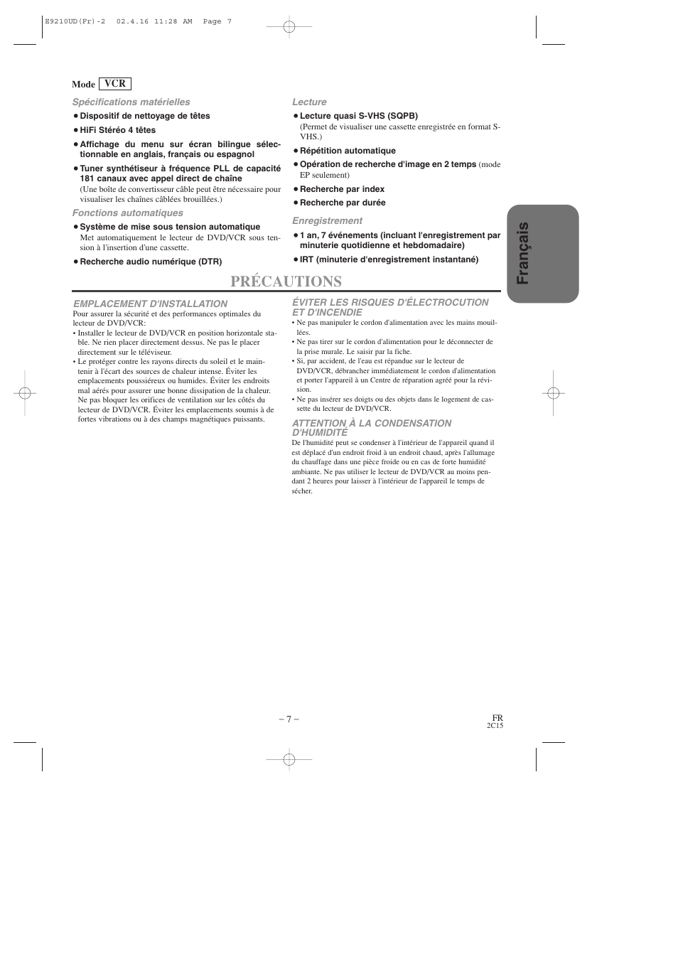 Fran ç ais, Précautions | Hitachi DV-PF2U User Manual | Page 53 / 140