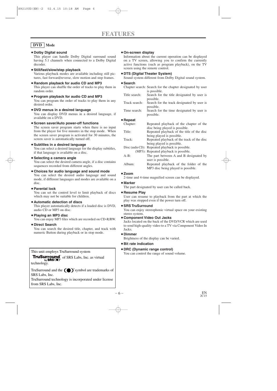 Features | Hitachi DV-PF2U User Manual | Page 6 / 140