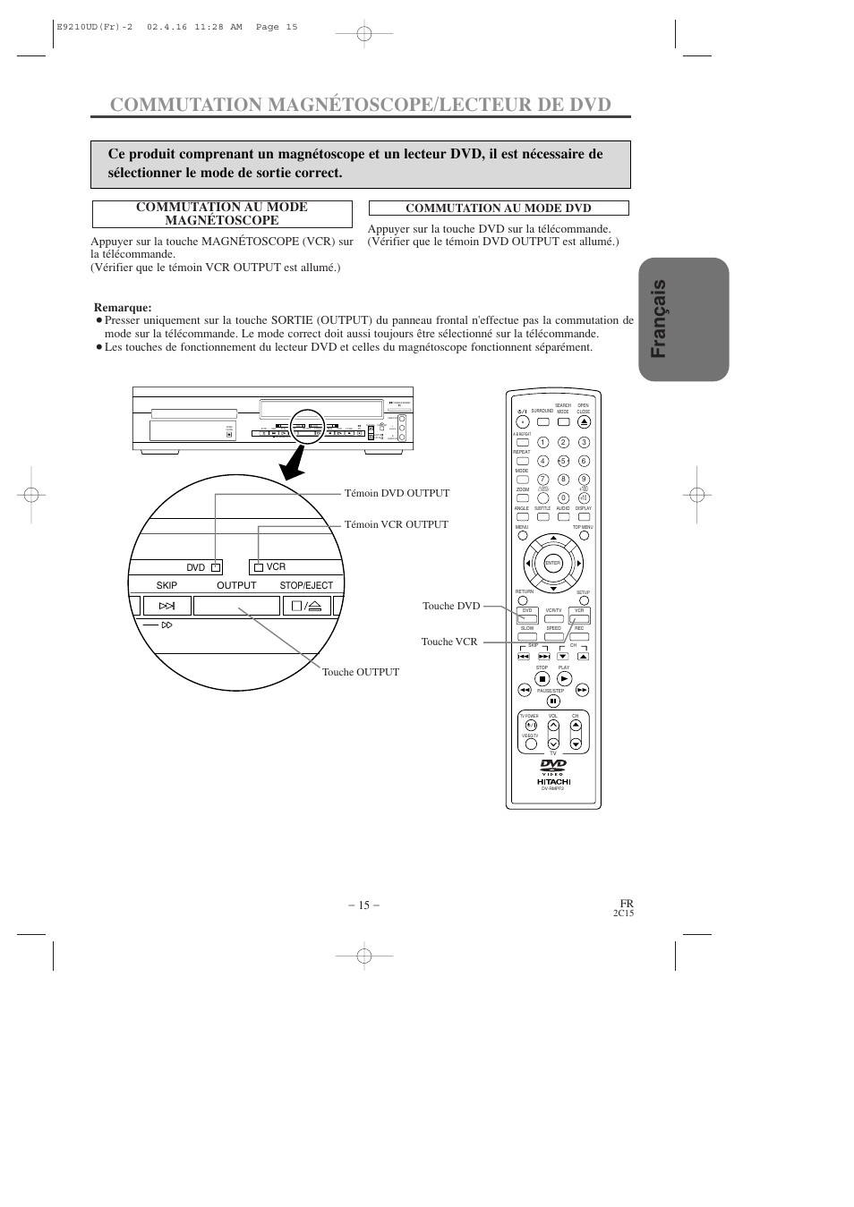 Fran ç ais commutation magnétoscope/lecteur de dvd, Commutation au mode magnétoscope, Remarque | Hitachi DV-PF2U User Manual | Page 61 / 140