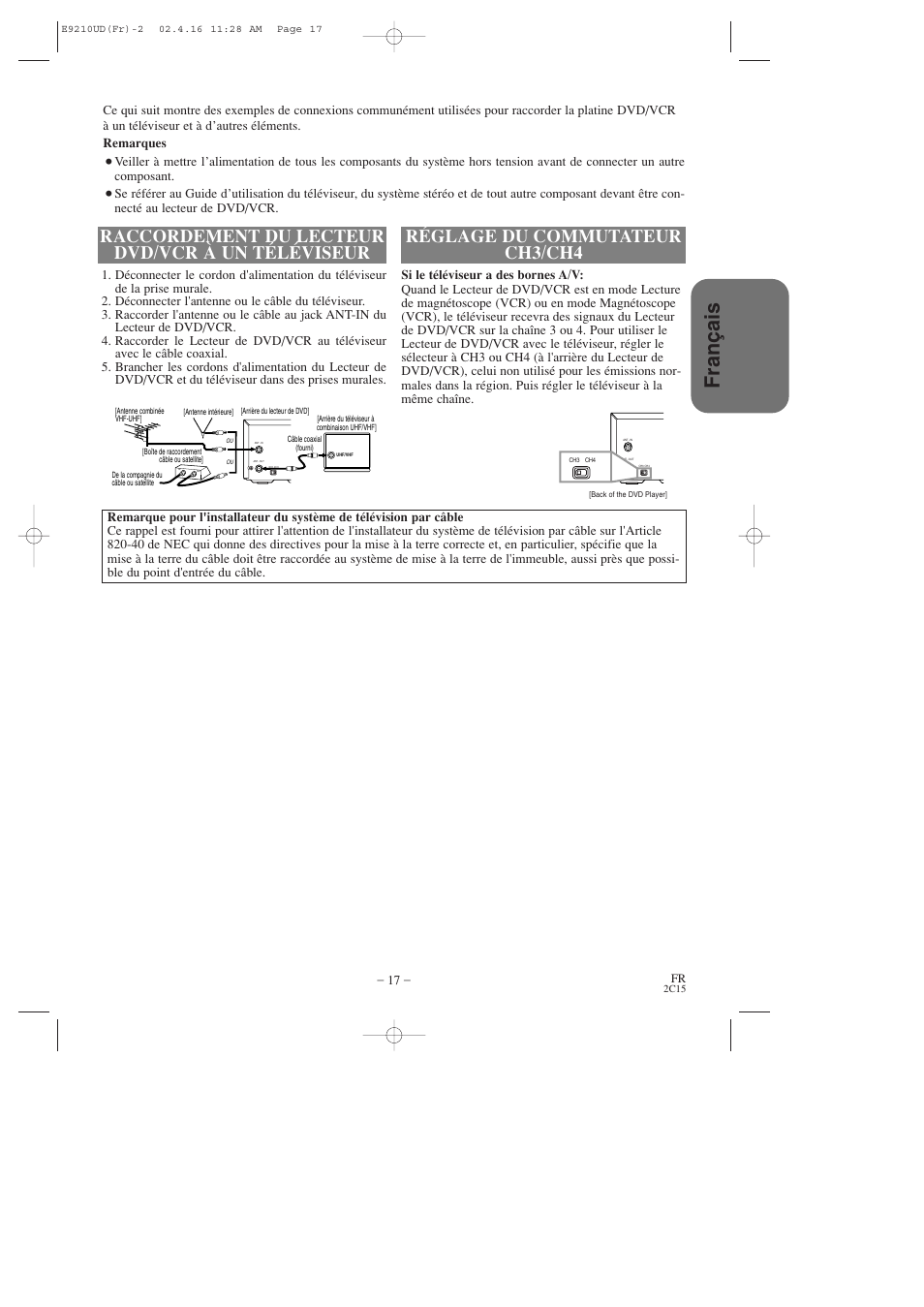 Fran ç ais, Raccordement du lecteur dvd/vcr à un téléviseur, Réglage du commutateur ch3/ch4 | Hitachi DV-PF2U User Manual | Page 63 / 140
