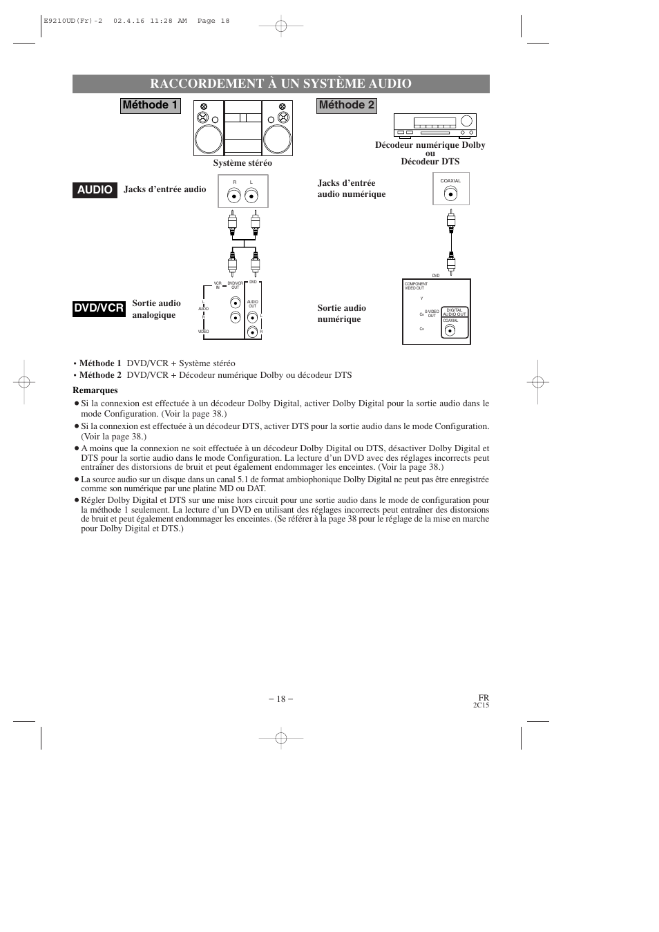 Raccordement à un système audio, Audio dvd/vcr méthode 1, Méthode 2 | Hitachi DV-PF2U User Manual | Page 64 / 140