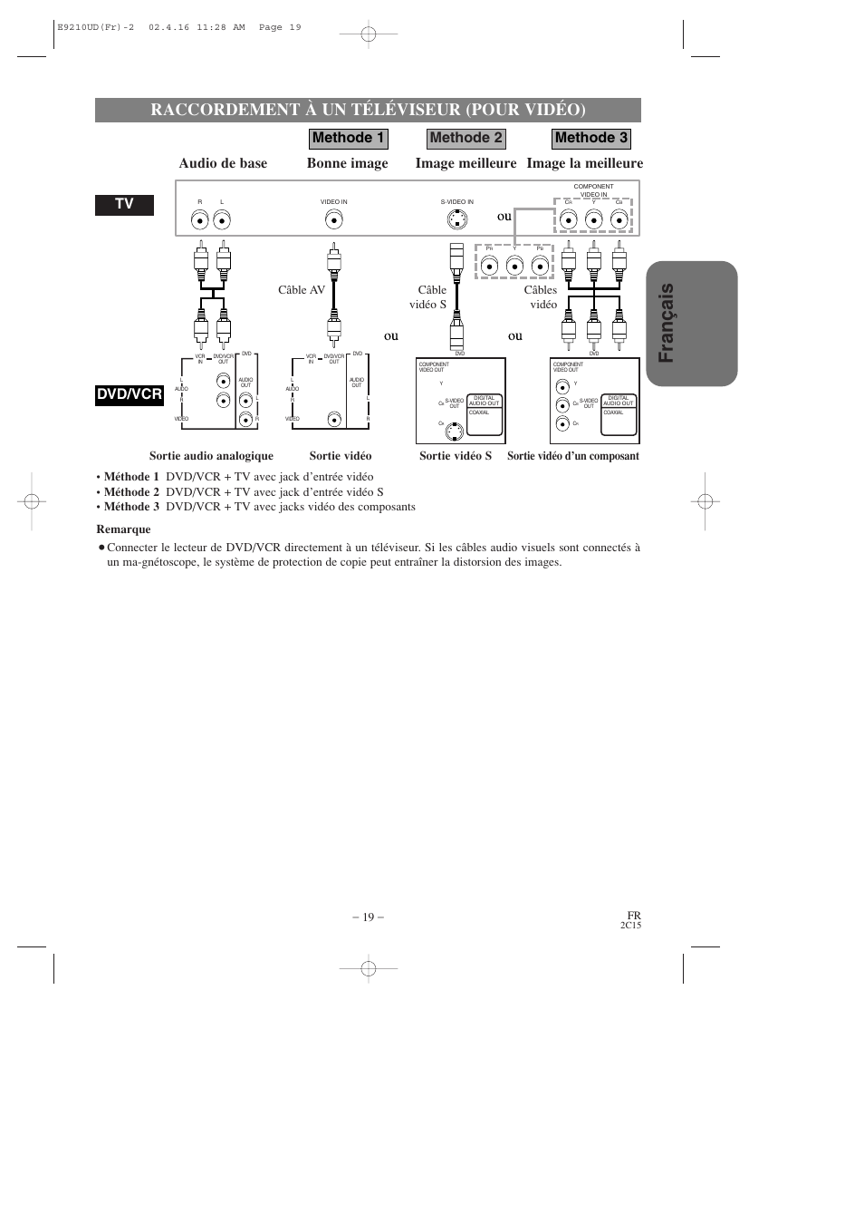 Fran ç ais, Raccordement à un téléviseur (pour vidéo), Dvd/vcr | Hitachi DV-PF2U User Manual | Page 65 / 140