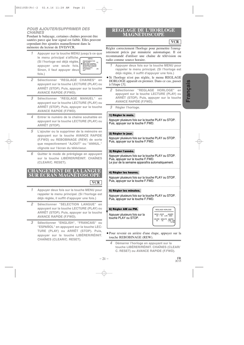 Fran ç ais, Réglage de l'horloge magnétoscope, Changement de la langue sur écran magnétoscope | Hitachi DV-PF2U User Manual | Page 67 / 140