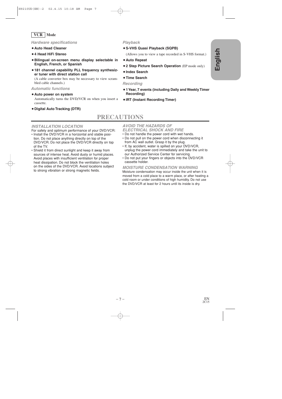 English, Precautions | Hitachi DV-PF2U User Manual | Page 7 / 140