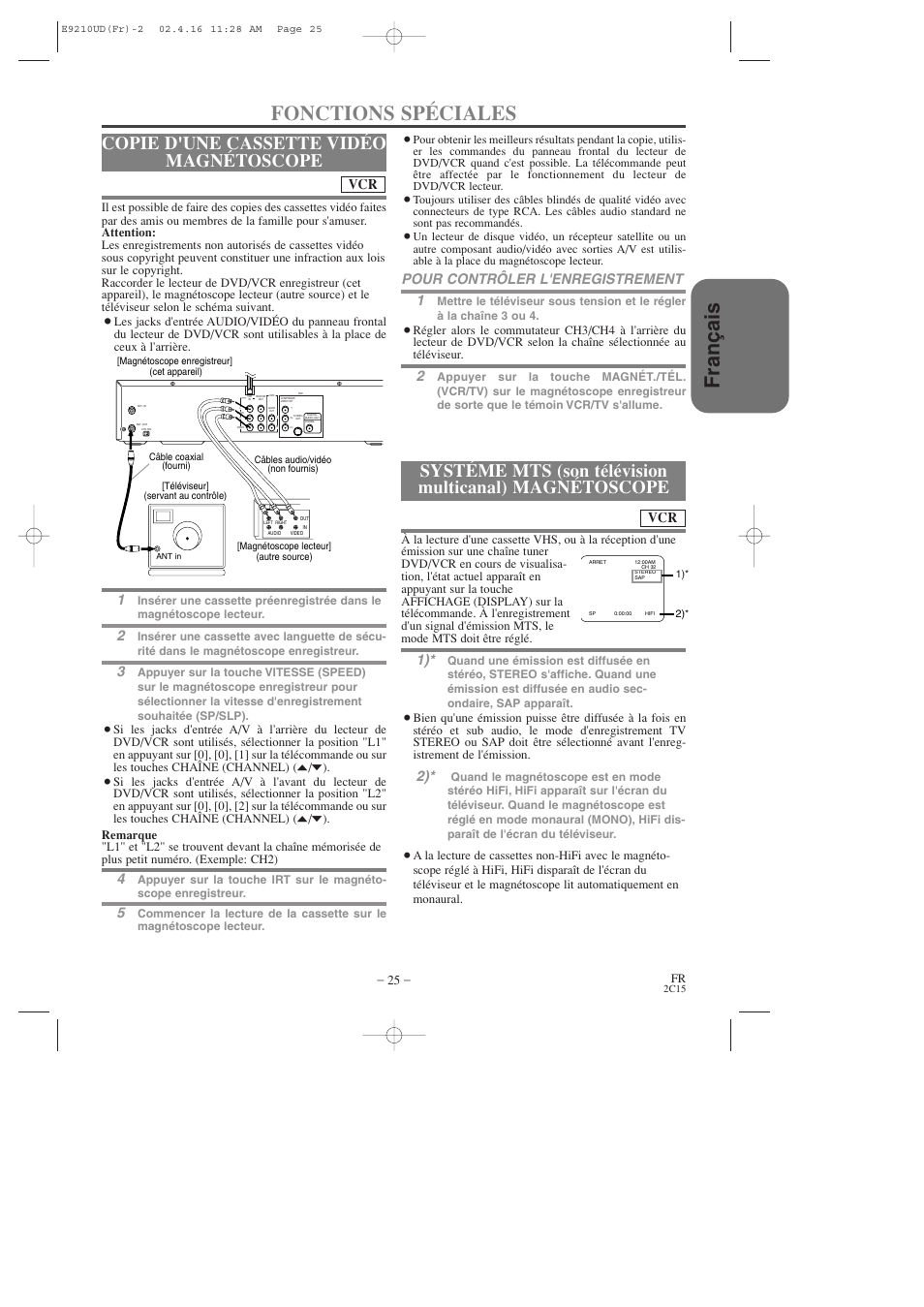 Fran ç ais, Fonctions spéciales, Copie d'une cassette vidéo magnétoscope | Pour contrôler l'enregistrement 1 | Hitachi DV-PF2U User Manual | Page 71 / 140