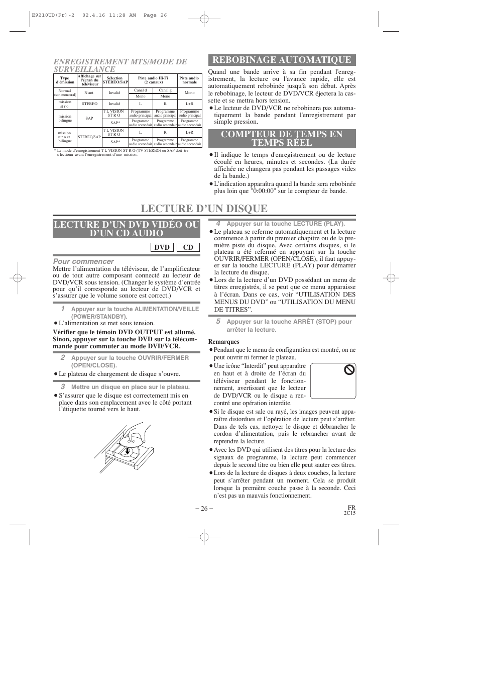 Lecture d’un disque, Lecture d’un dvd vidéo ou d’un cd audio, Rebobinage automatique | Compteur de temps en temps réel, Enregistrement mts/mode de surveillance, Pour commencer, Cd dvd | Hitachi DV-PF2U User Manual | Page 72 / 140