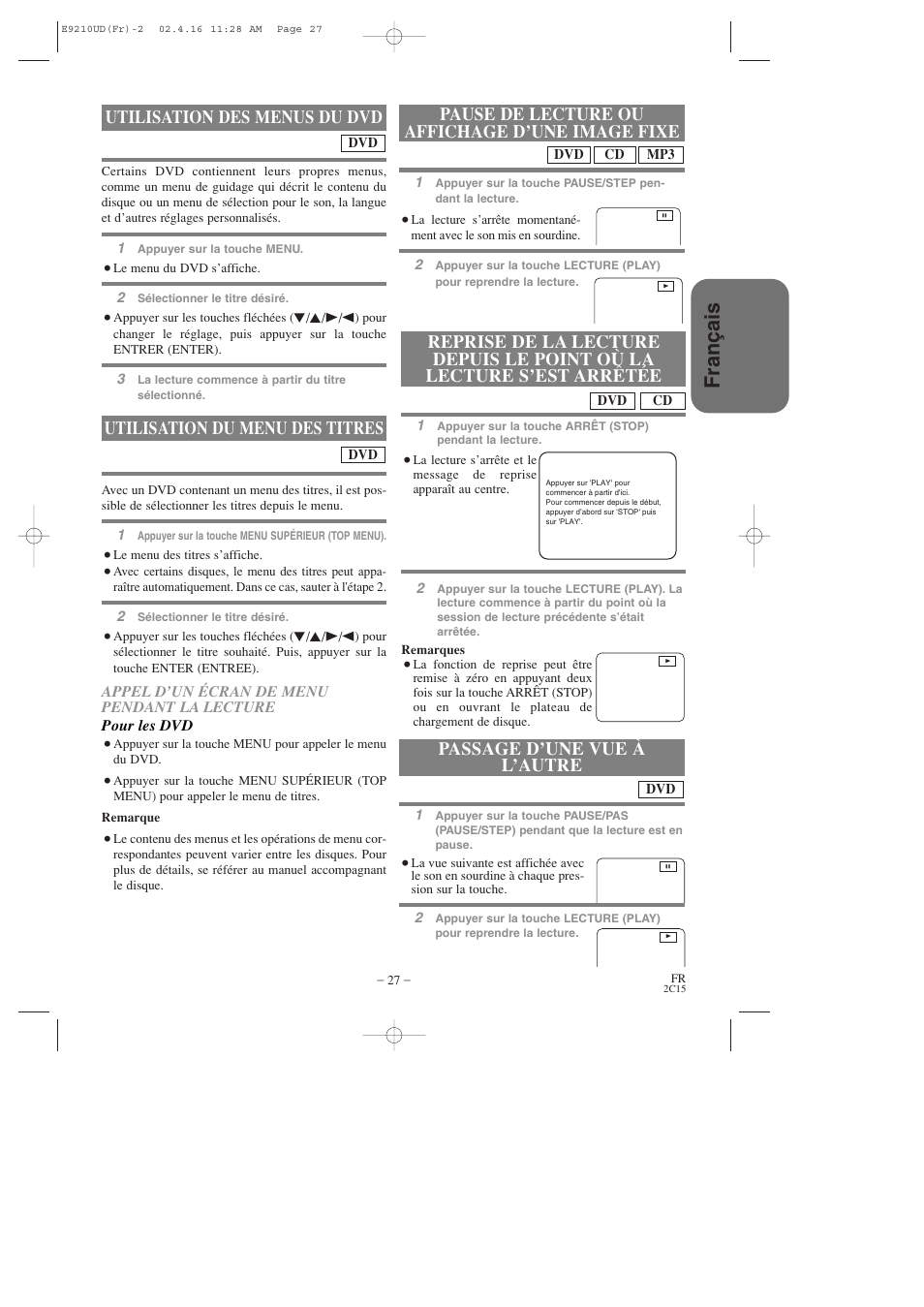 Fran ç ais, Utilisation du menu des titres, Pause de lecture ou affichage d’une image fixe | Passage d’une vue à l’autre, Utilisation des menus du dvd | Hitachi DV-PF2U User Manual | Page 73 / 140
