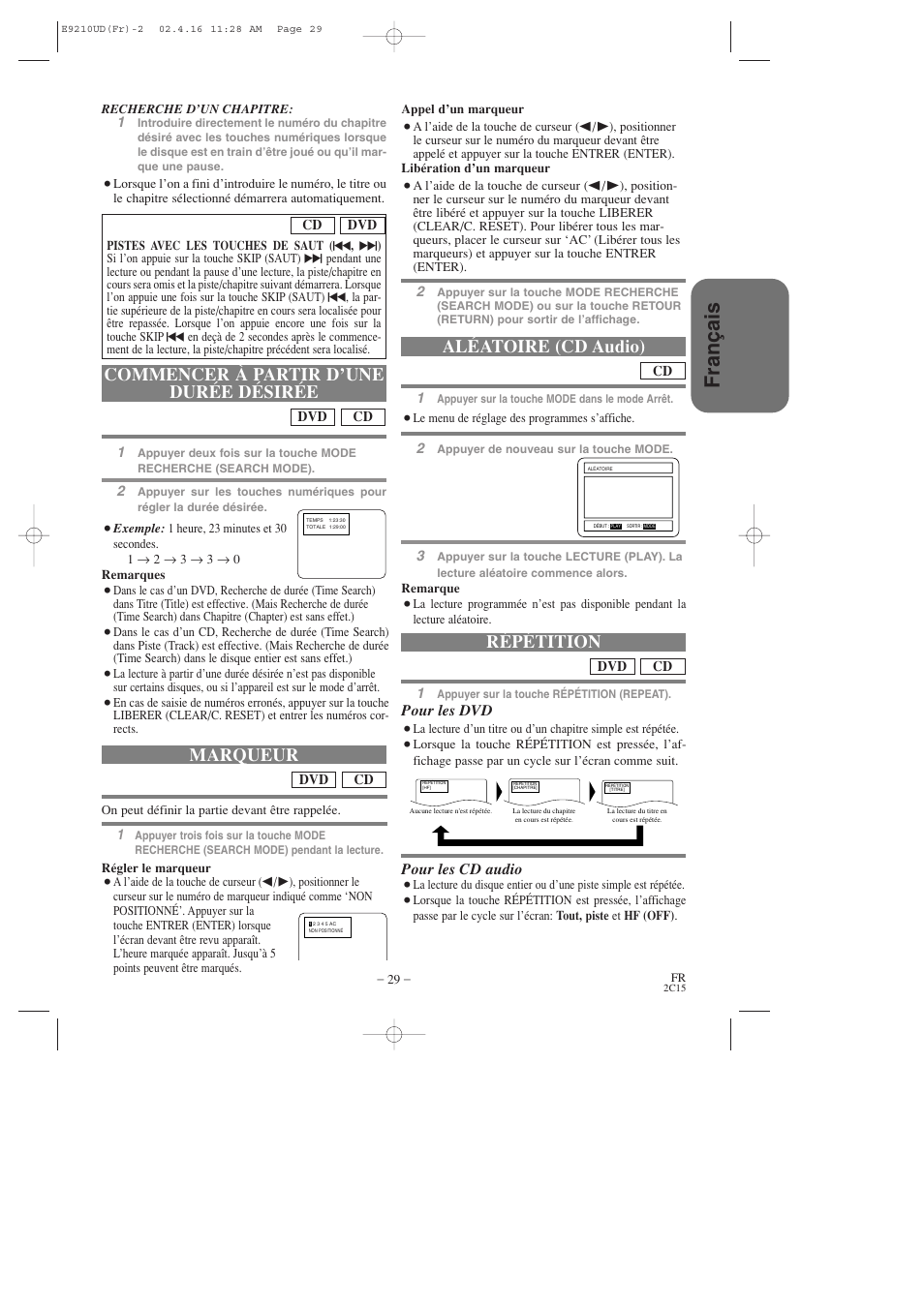 Fran ç ais, Commencer à partir d’une durée désirée, Marqueur | Aléatoire (cd audio), Répétition, Pour les dvd, Pour les cd audio | Hitachi DV-PF2U User Manual | Page 75 / 140