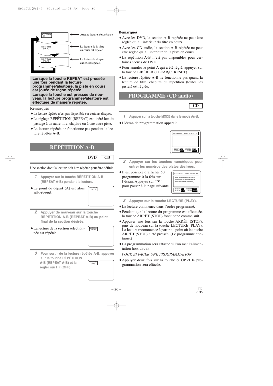 Répétition a-b, Programme (cd audio), Cd dvd | Hitachi DV-PF2U User Manual | Page 76 / 140