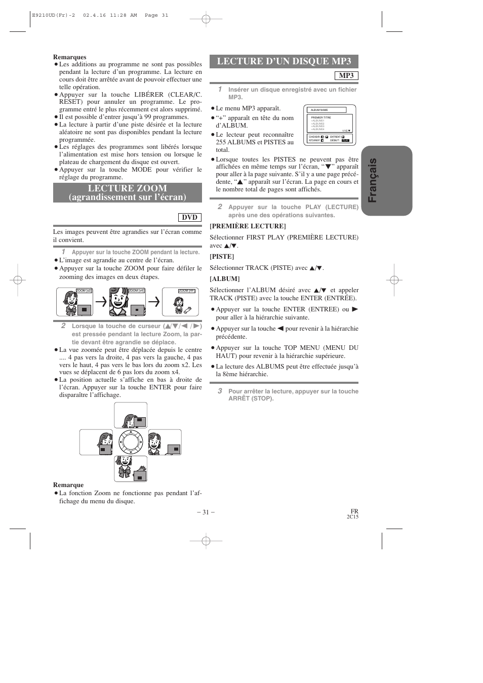 Fran ç ais, Lecture zoom (agrandissement sur l’écran), Lecture d’un disque mp3 | Hitachi DV-PF2U User Manual | Page 77 / 140