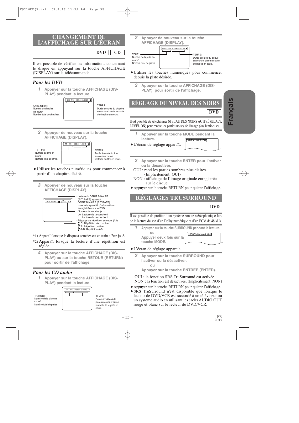 Fran ç ais, Changement de l’affichage sur l’écran, Réglage du niveau des noirs | Réglages trusurround, Pour les dvd, Pour les cd audio | Hitachi DV-PF2U User Manual | Page 81 / 140