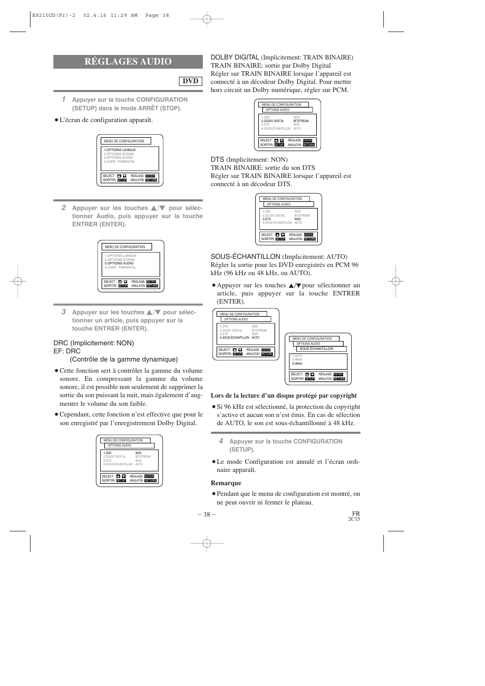 Réglages audio, L’écran de configuration apparaît, Appuyer sur la touche configuration (setup) | Appuyer sur les touches | Hitachi DV-PF2U User Manual | Page 84 / 140