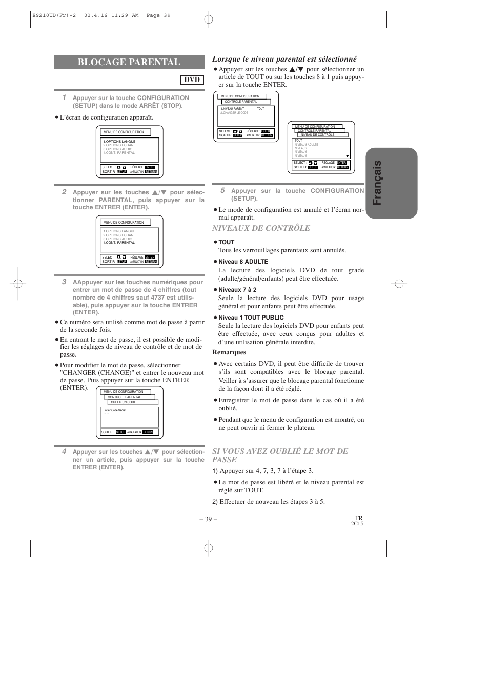 Fran ç ais, Blocage parental, Lorsque le niveau parental est sélectionné | Niveaux de contrôle, Si vous avez oublié le mot de passe | Hitachi DV-PF2U User Manual | Page 85 / 140