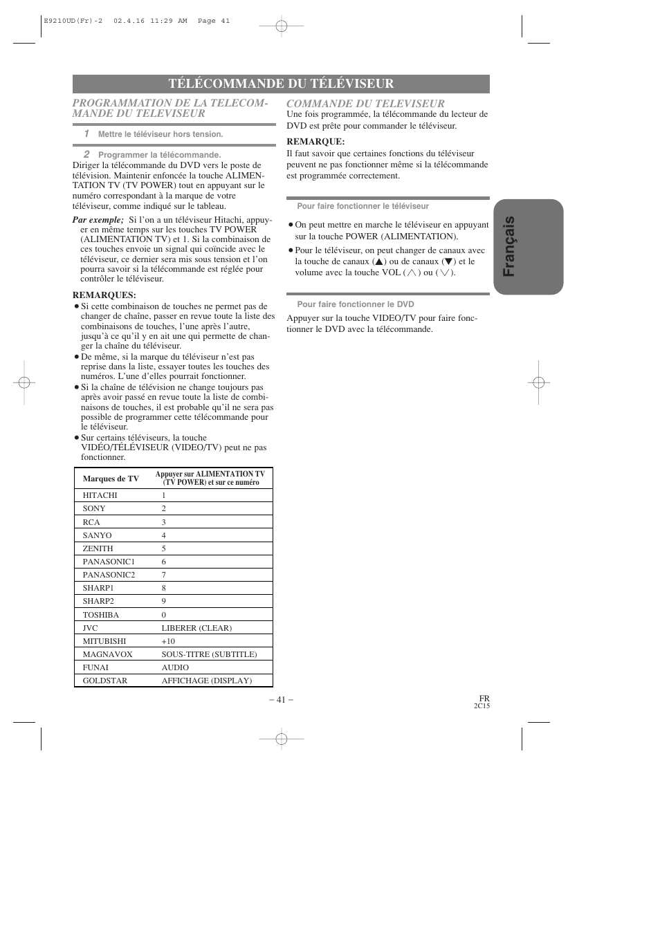 Fran ç ais, Télécommande du téléviseur | Hitachi DV-PF2U User Manual | Page 87 / 140
