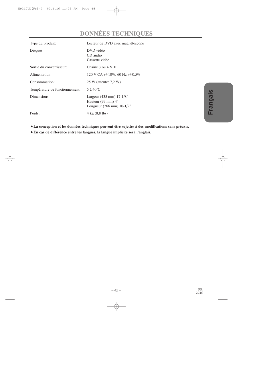 Fran ç ais données techniques, Fran ç ais | Hitachi DV-PF2U User Manual | Page 91 / 140