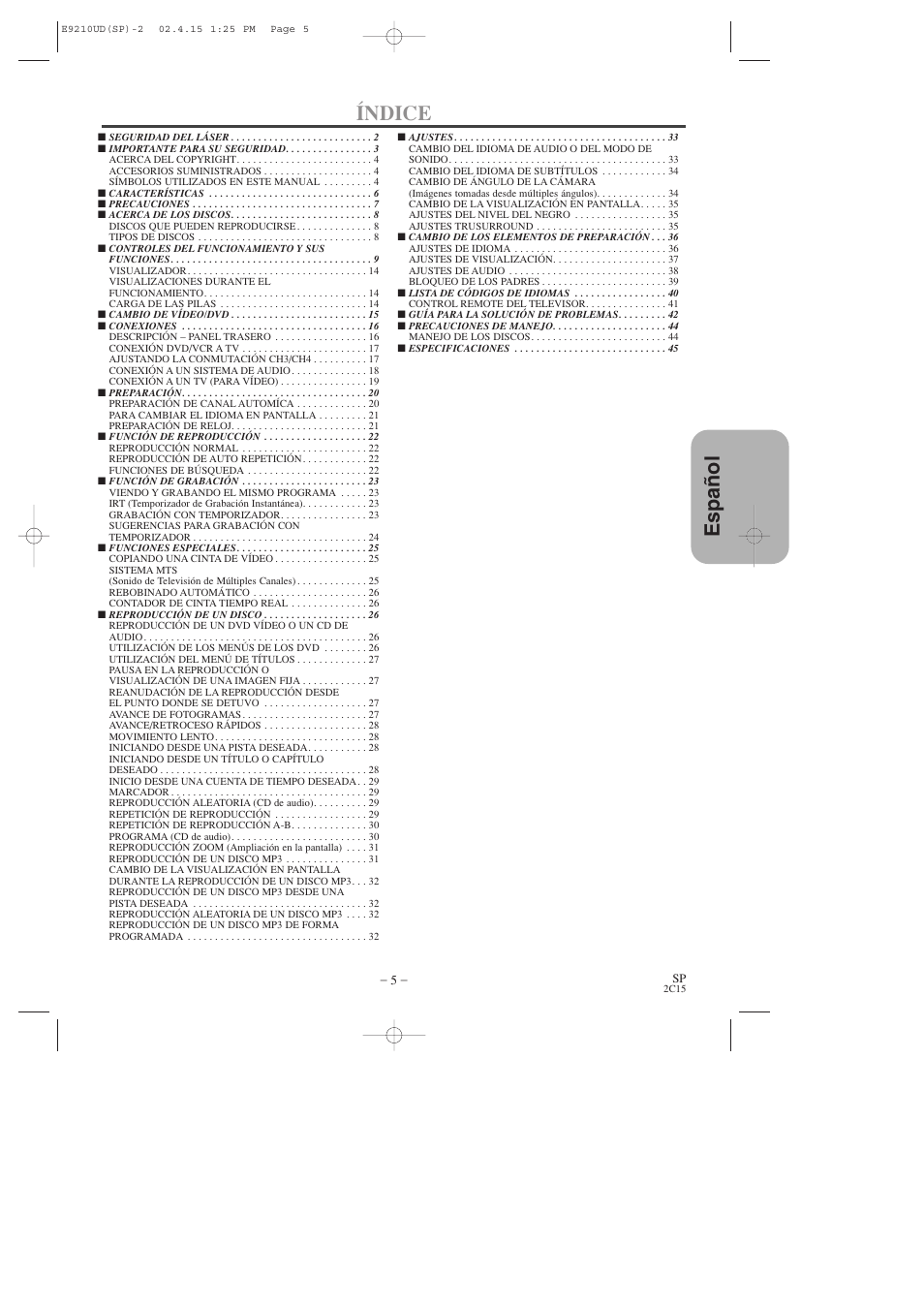 Espa ñ ol índice | Hitachi DV-PF2U User Manual | Page 97 / 140