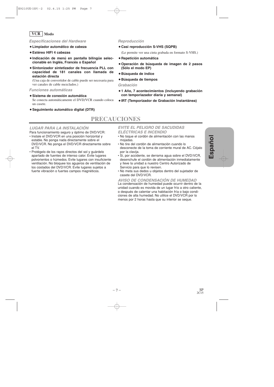 Espa ñ ol, Precauciones | Hitachi DV-PF2U User Manual | Page 99 / 140