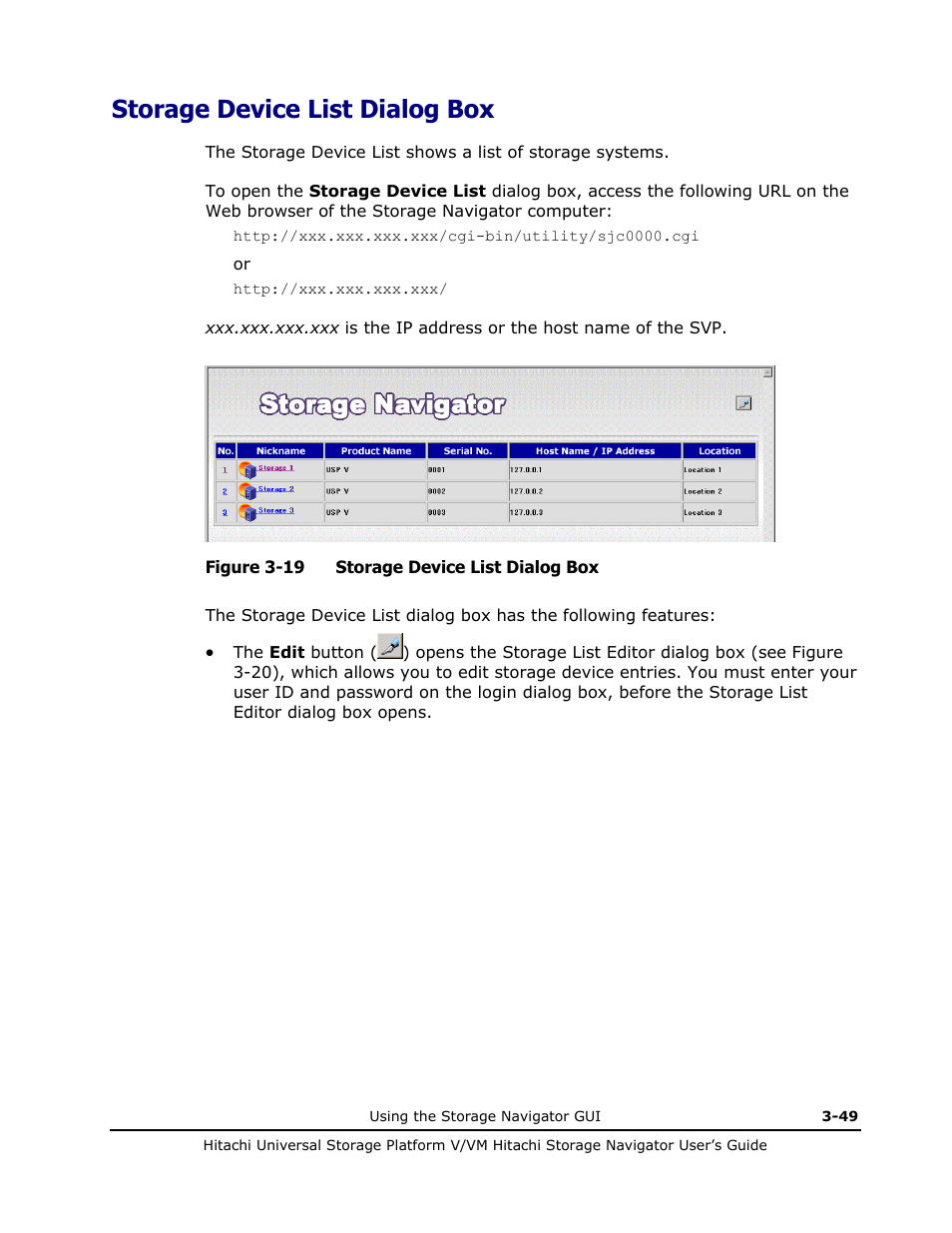 Storage device list dialog box, Storage device list dialog box -49, Storage device | List dialog box) and register the, See storage device list dialog box), Storage device list dialog box) | Hitachi MK-96RD621-08 User Manual | Page 115 / 188