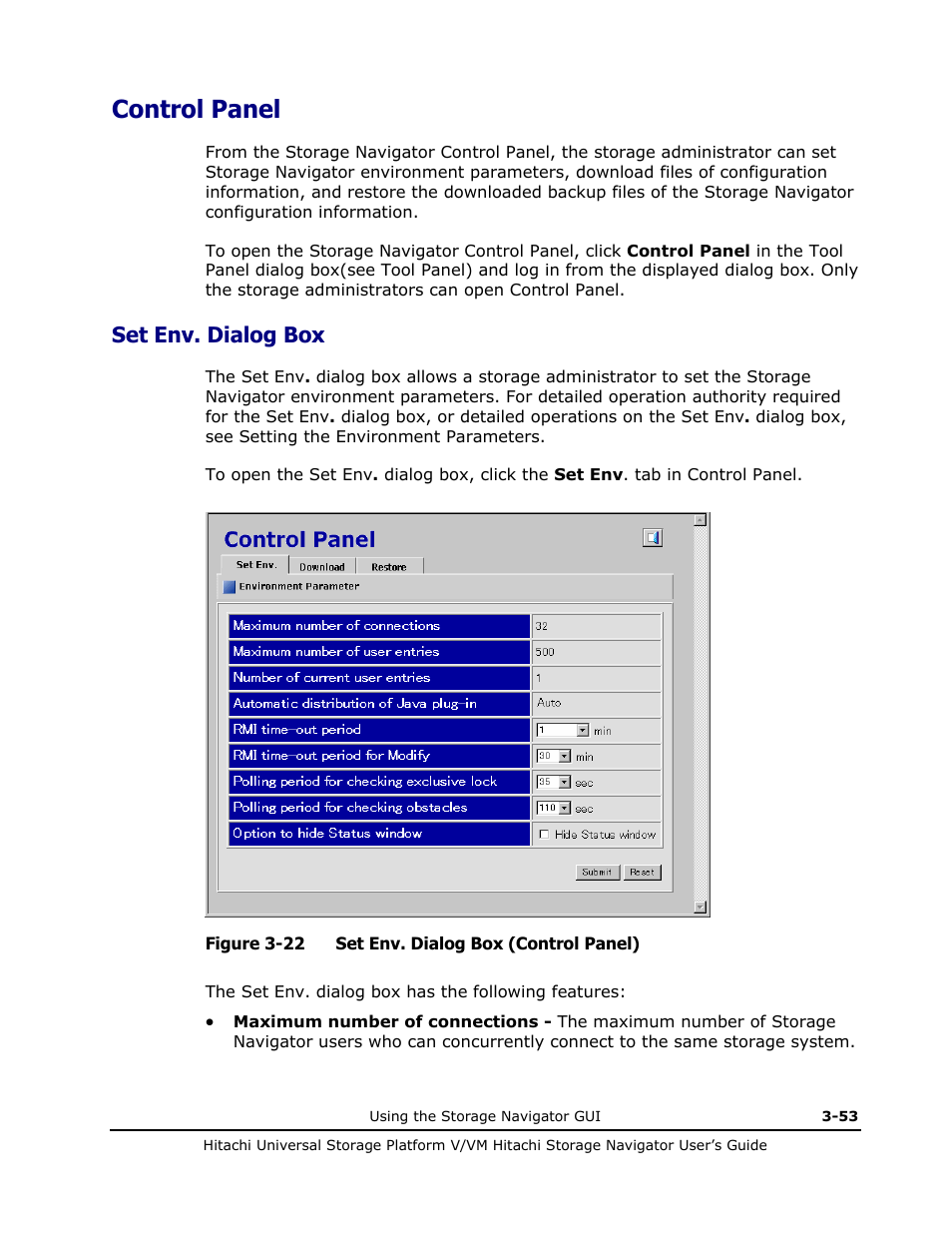 Control panel, Set env. dialog box, Control panel -53 | Set env. dialog box -53, Panel (see control panel) or windows for ssl | Hitachi MK-96RD621-08 User Manual | Page 119 / 188