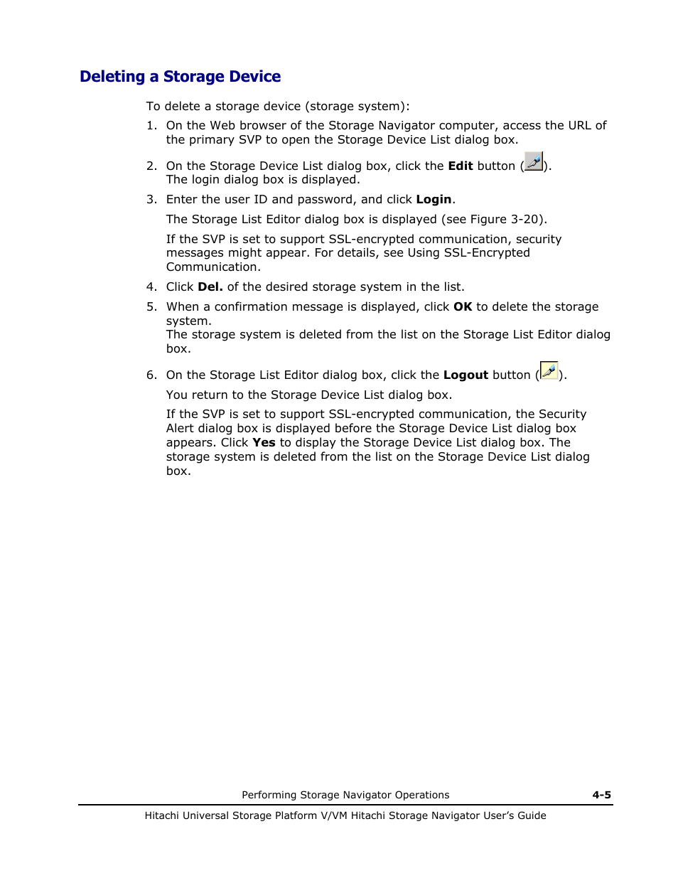 Deleting a storage device, Deleting a storage device -5 | Hitachi MK-96RD621-08 User Manual | Page 129 / 188
