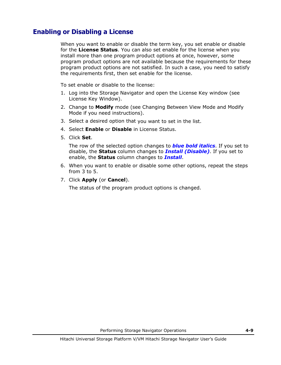 Enabling or disabling a license, Enabling or disabling a license -9, Described in enabling or disabling a license | Hitachi MK-96RD621-08 User Manual | Page 133 / 188