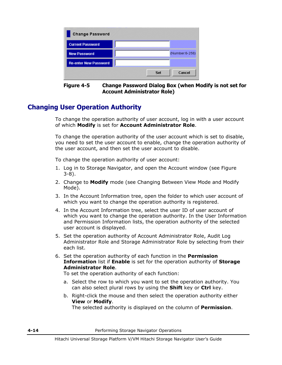 Changing user operation authority, Changing user operation authority -14, Password dialog box (figure 4-5) is displayed | Hitachi MK-96RD621-08 User Manual | Page 138 / 188