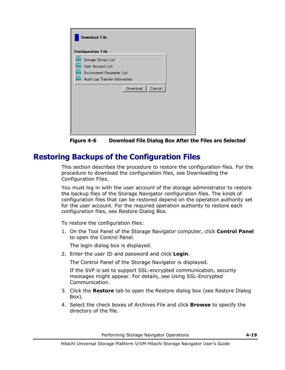 Restoring backups of the configuration files, Restoring backups of the configuration files -19, Dialog box (see figure 4-6) opens | Hitachi MK-96RD621-08 User Manual | Page 143 / 188