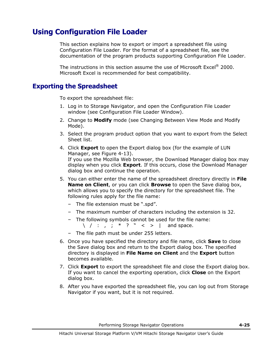 Using configuration file loader, Exporting the spreadsheet, Using configuration file loader -25 | Exporting the spreadsheet -25 | Hitachi MK-96RD621-08 User Manual | Page 149 / 188