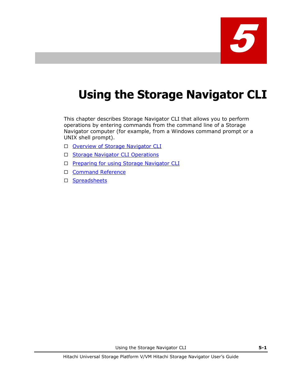 Using the storage navigator cli, Using the storage navigator cli -1, Chapter 5 - using the storage navigator cli | See using the storage navigator cli | Hitachi MK-96RD621-08 User Manual | Page 155 / 188