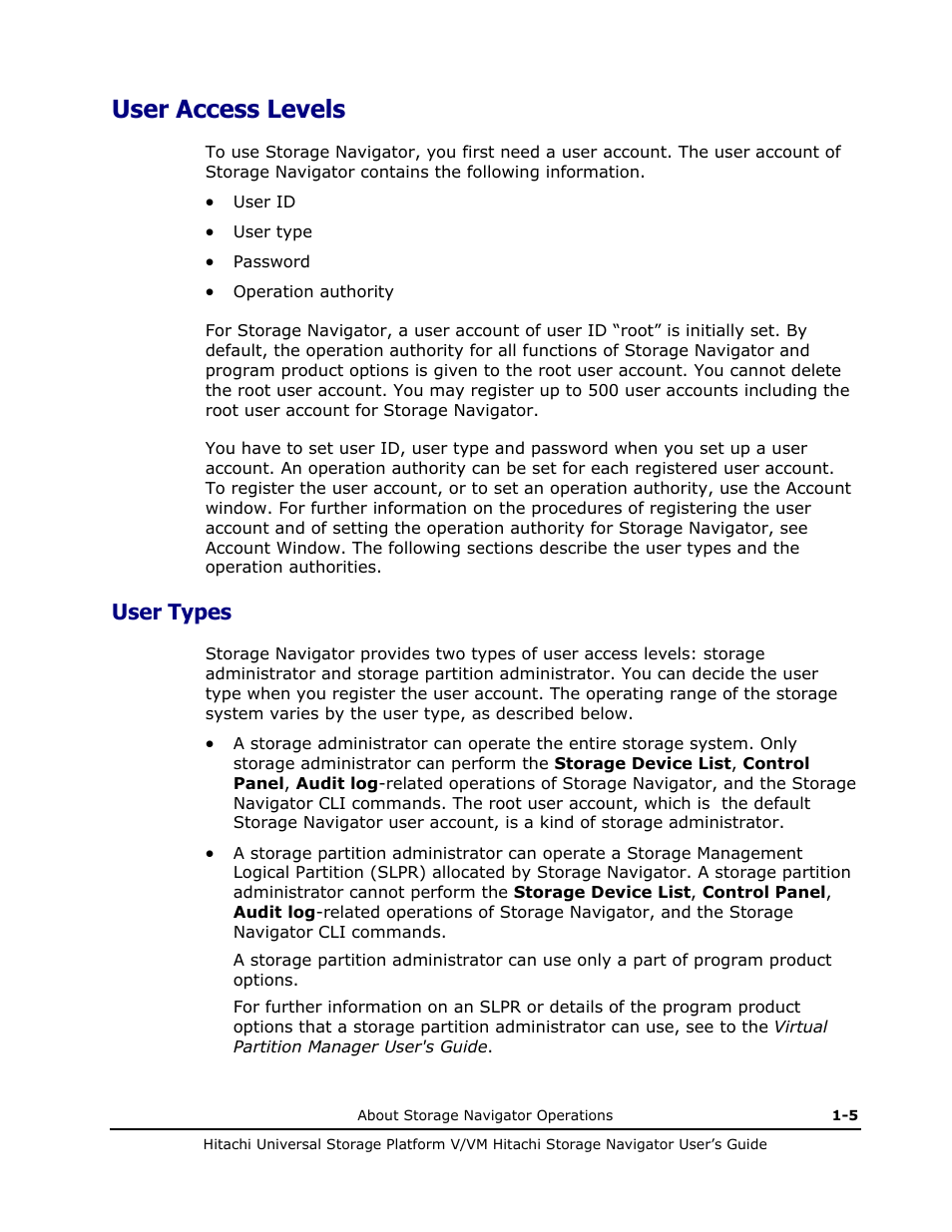 User access levels, User types, User access levels -5 | User types -5, Each account (see user access levels) | Hitachi MK-96RD621-08 User Manual | Page 19 / 188