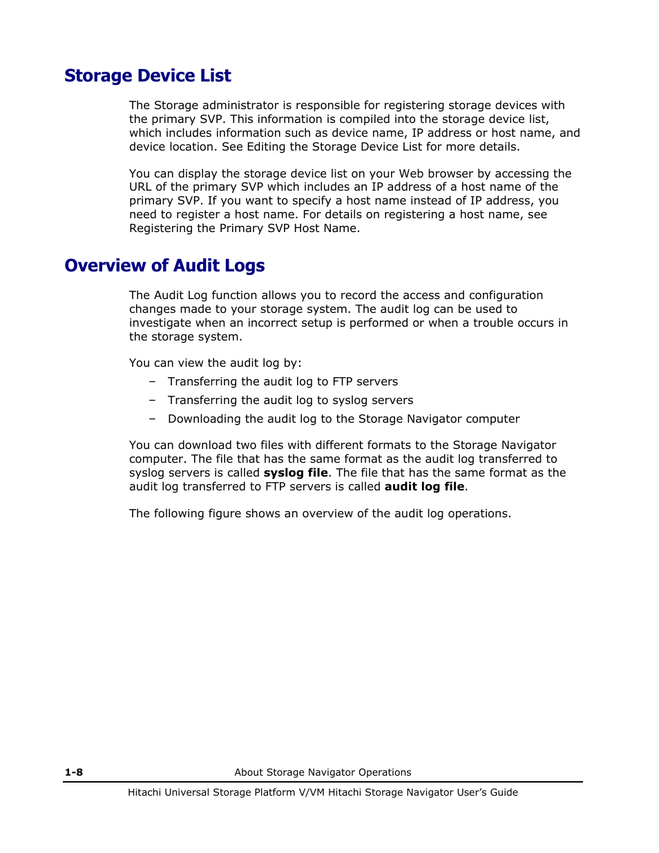 Storage device list, Overview of audit logs, Storage device list -8 | Overview of audit logs -8, Storage, Device list), Overview of audit logs) | Hitachi MK-96RD621-08 User Manual | Page 22 / 188