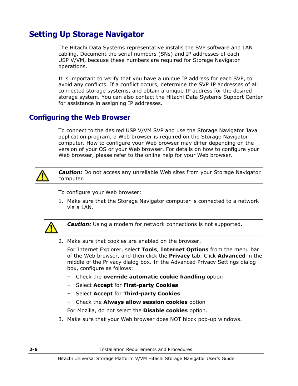 Setting up storage navigator, Configuring the web browser, Setting up storage navigator -6 | Configuring the web browser -6 | Hitachi MK-96RD621-08 User Manual | Page 34 / 188