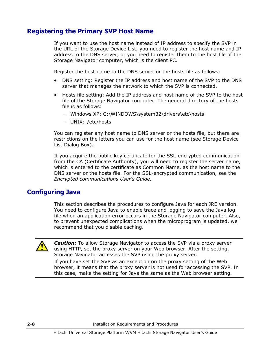 Registering the primary svp host name, Configuring java, Registering the primary svp host name -8 | Configuring java -8 | Hitachi MK-96RD621-08 User Manual | Page 36 / 188