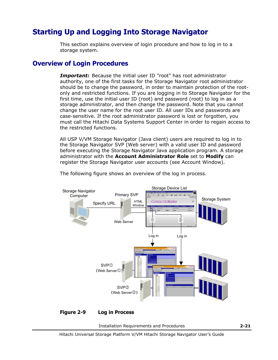Starting up and logging into storage navigator, Overview of login procedures, Starting up and logging into storage navigator -21 | Overview of login procedures -21 | Hitachi MK-96RD621-08 User Manual | Page 49 / 188