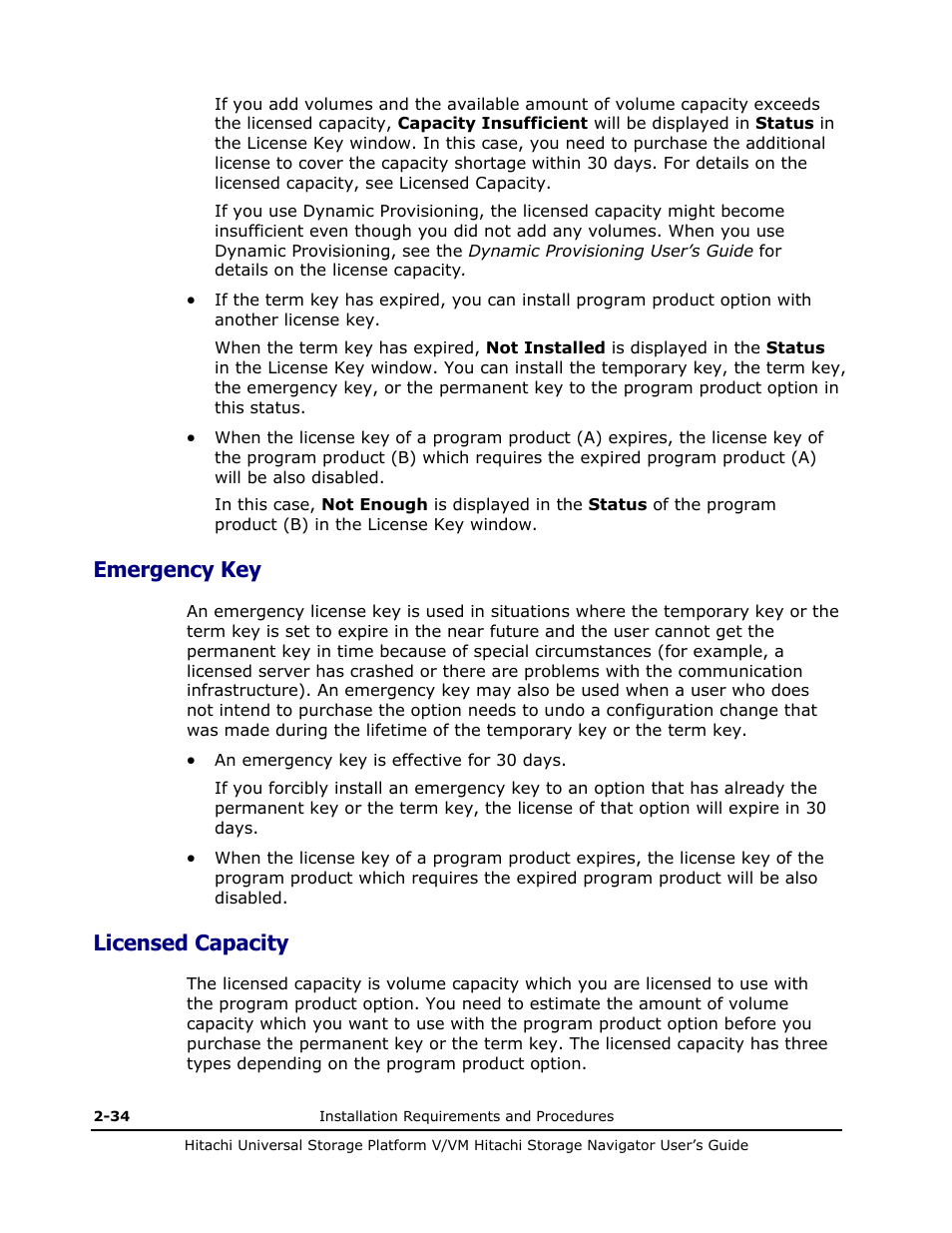 Emergency key, Licensed capacity, Emergency key -34 | Licensed capacity -34 | Hitachi MK-96RD621-08 User Manual | Page 62 / 188